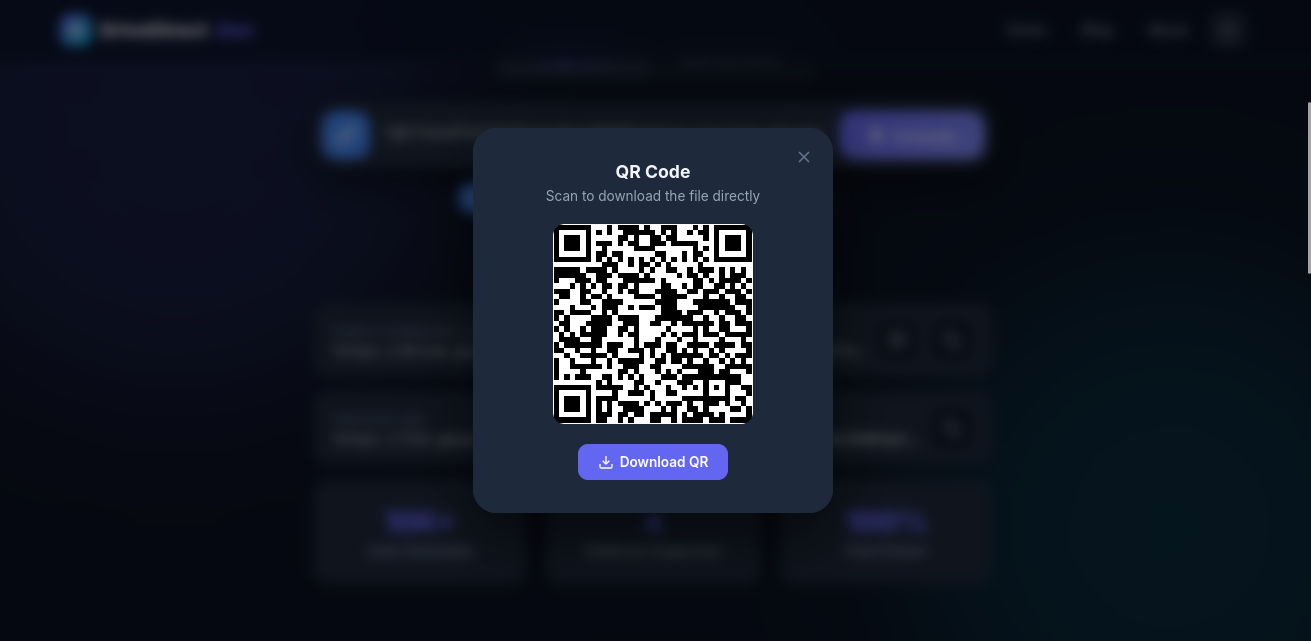 QR code button highlighted on the direct download link result card in DriveDirect Gen