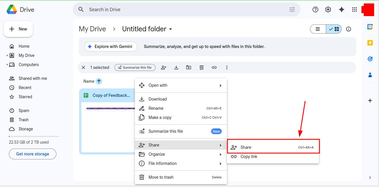 Right-click context menu in Google Drive showing Share and Copy link options