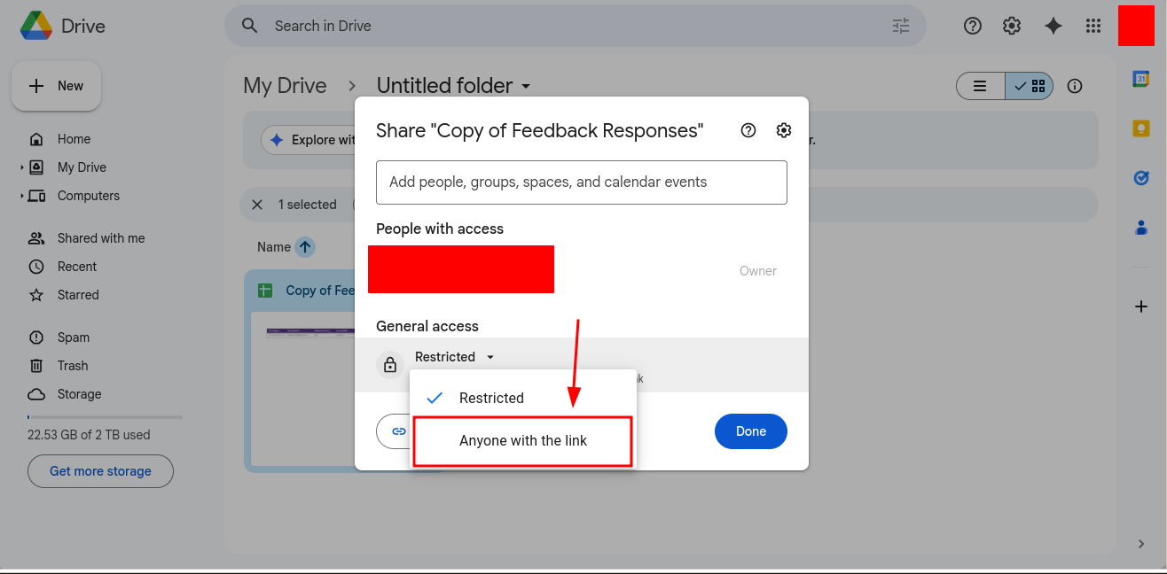 Google Drive sharing dialog showing how to change access from Restricted to Anyone with the link