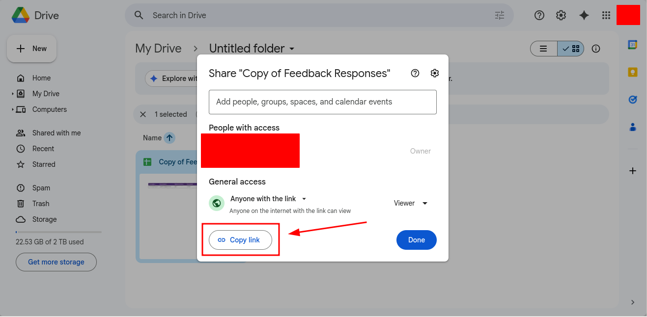 Clicking the Copy link button in the Google Drive sharing dialog