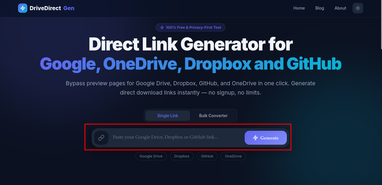 DriveDirect Gen tool interface with input field highlighted for pasting Google Drive link