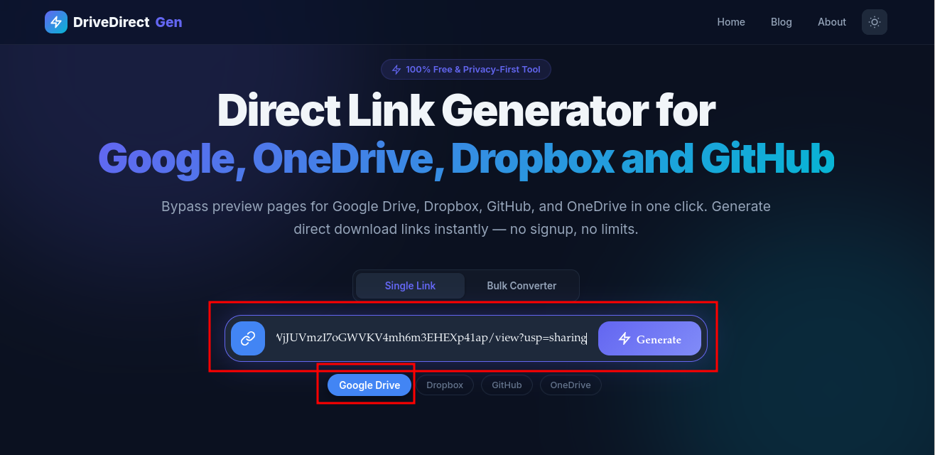 DriveDirect Gen automatically detecting Google Drive platform from pasted URL
