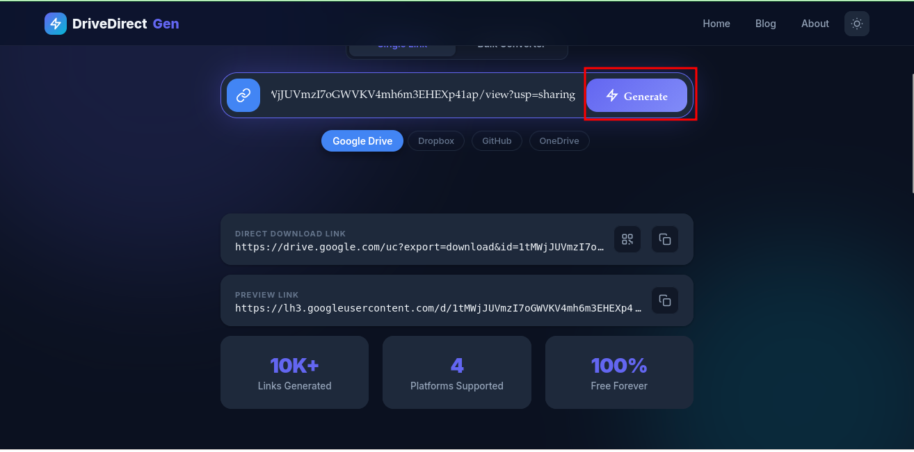 Clicking the Generate button to create direct download link in DriveDirect Gen