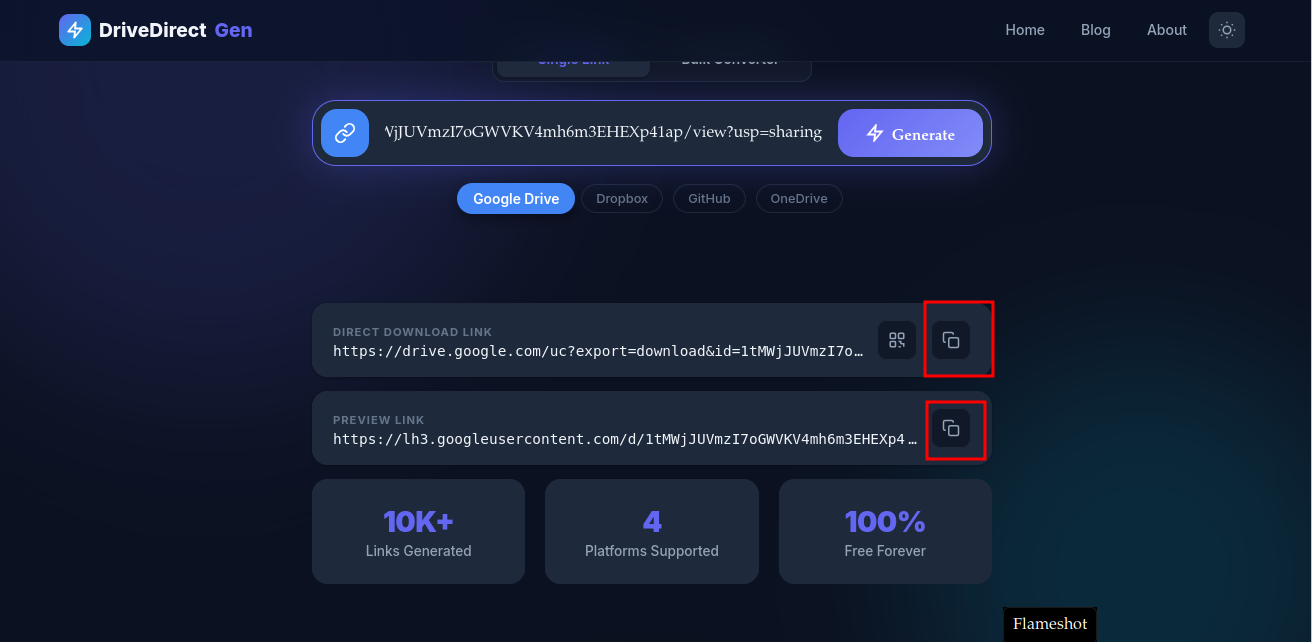 Generated direct download link and preview link with copy buttons in DriveDirect Gen
